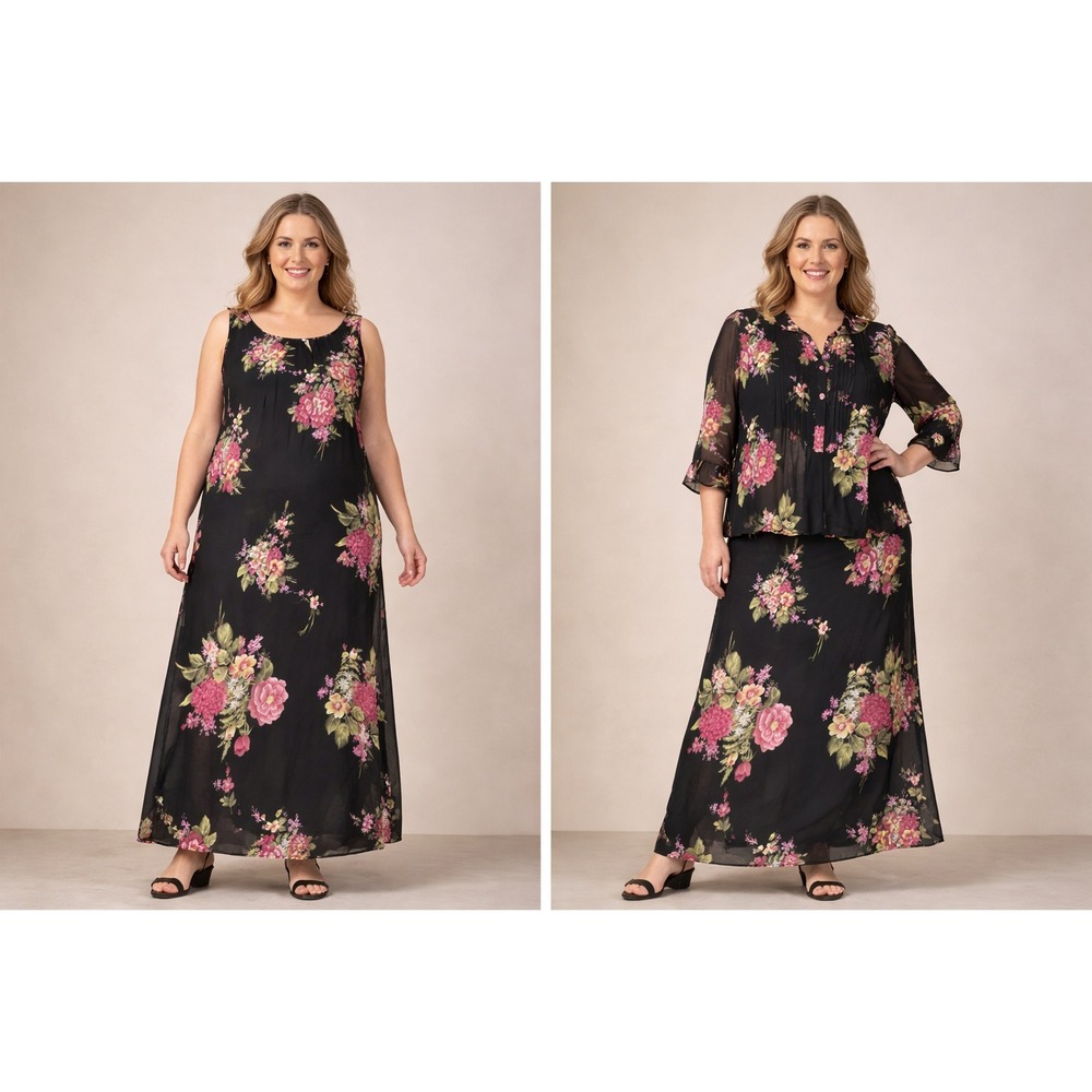 Dressbarn Womens Outfit Set 14W Black Floral Dress‎ Sheer Jacket Boho Vintage